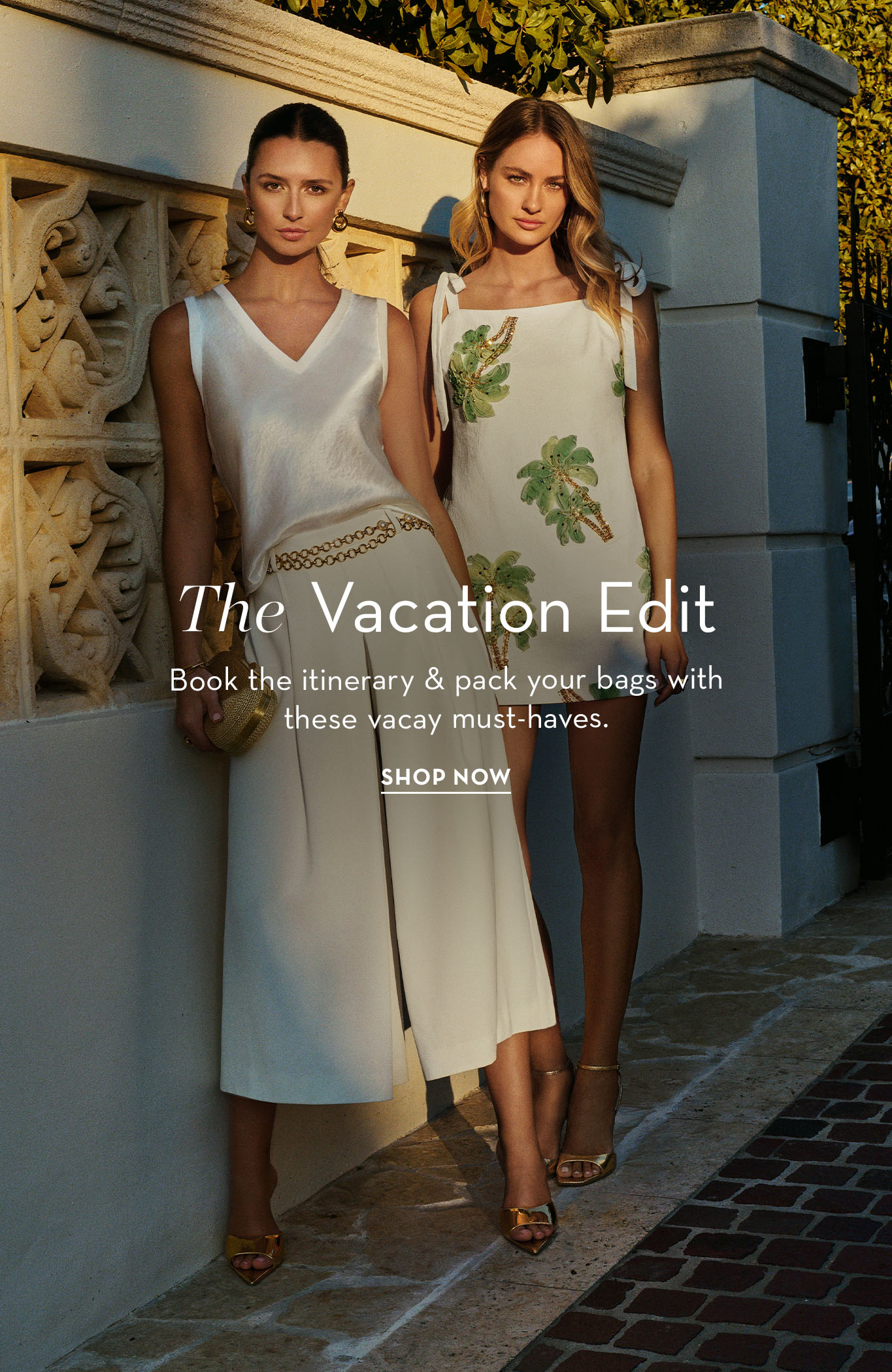 Two women modeling vacation outfits against a stylish backdrop.