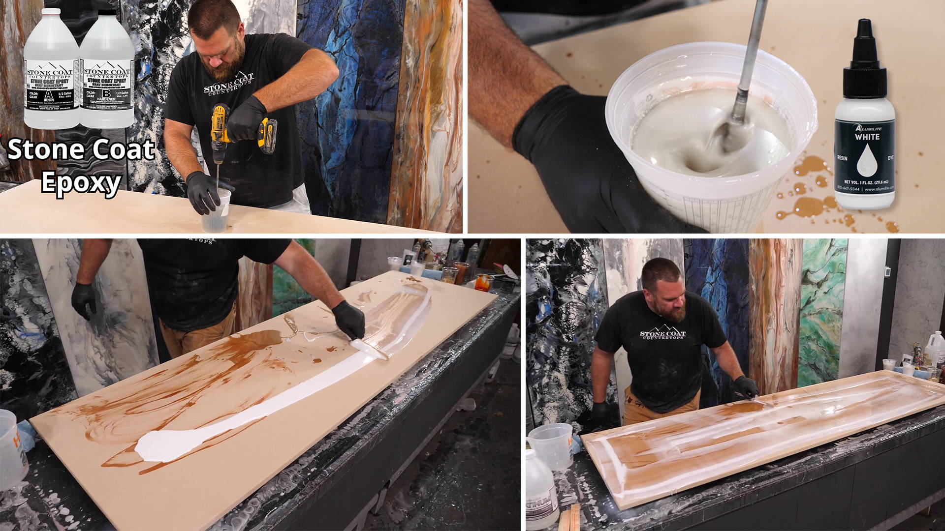 Begin with Step 1: Apply a colored wash coat to MDF substrate. Use 1oz/sqft batch of Stone Coat Countertops Epoxy mixed with White Dye.