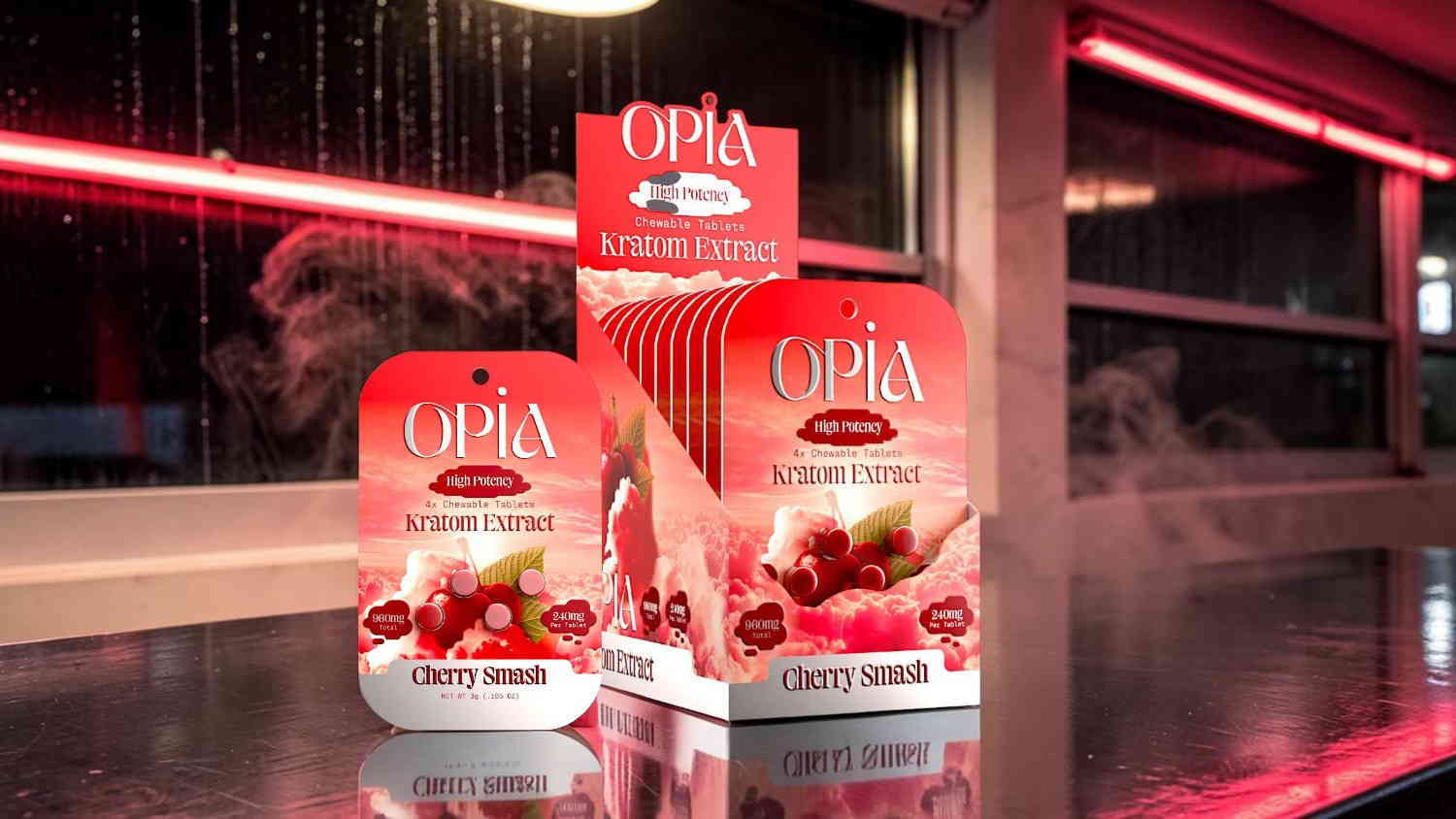 Packaging of OHA dessert products with red lighting in the background.