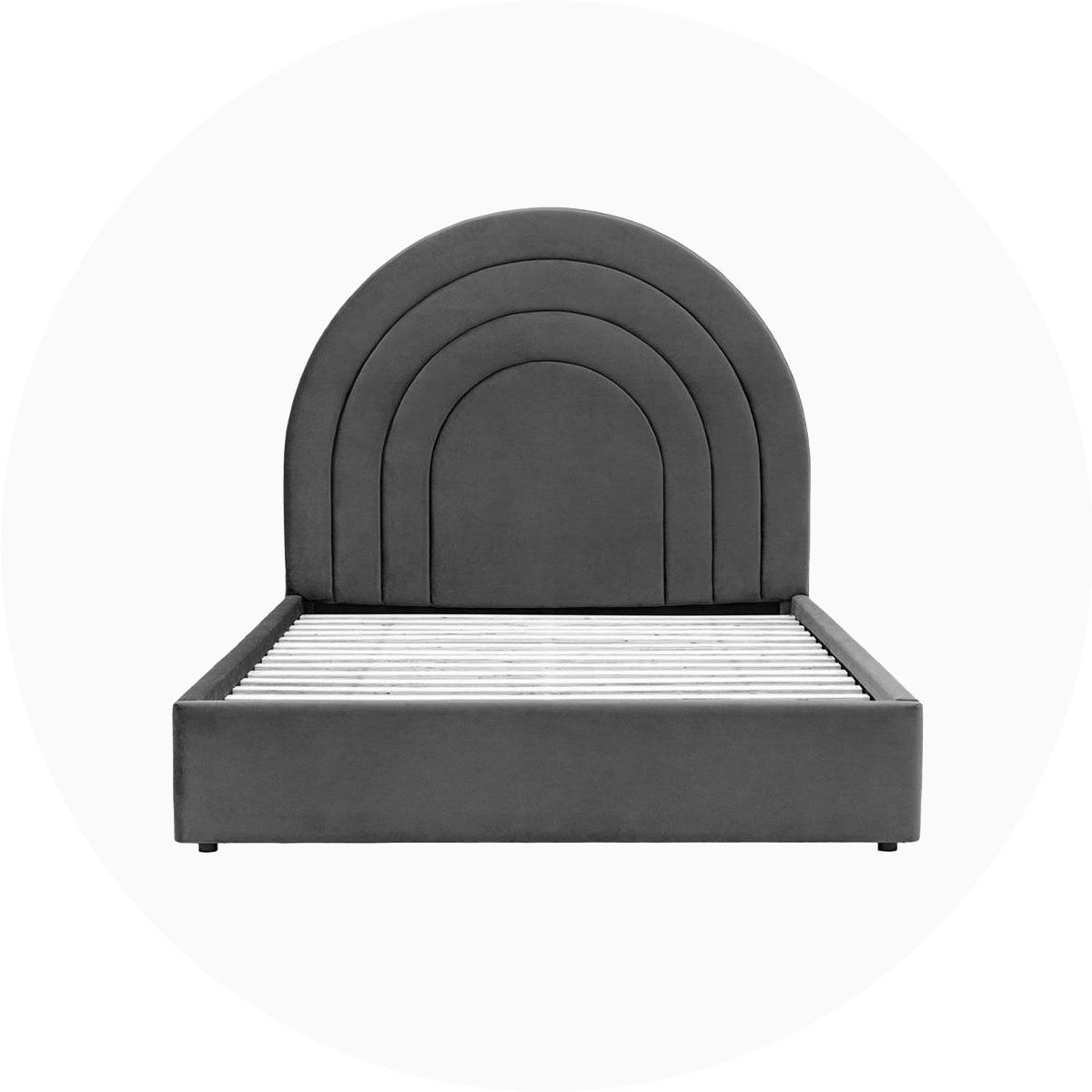 Upholstered bed frame with oval headboard