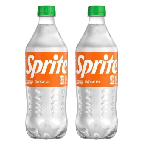 Two 20 oz bottles of tropical mix sprite on a transparent background