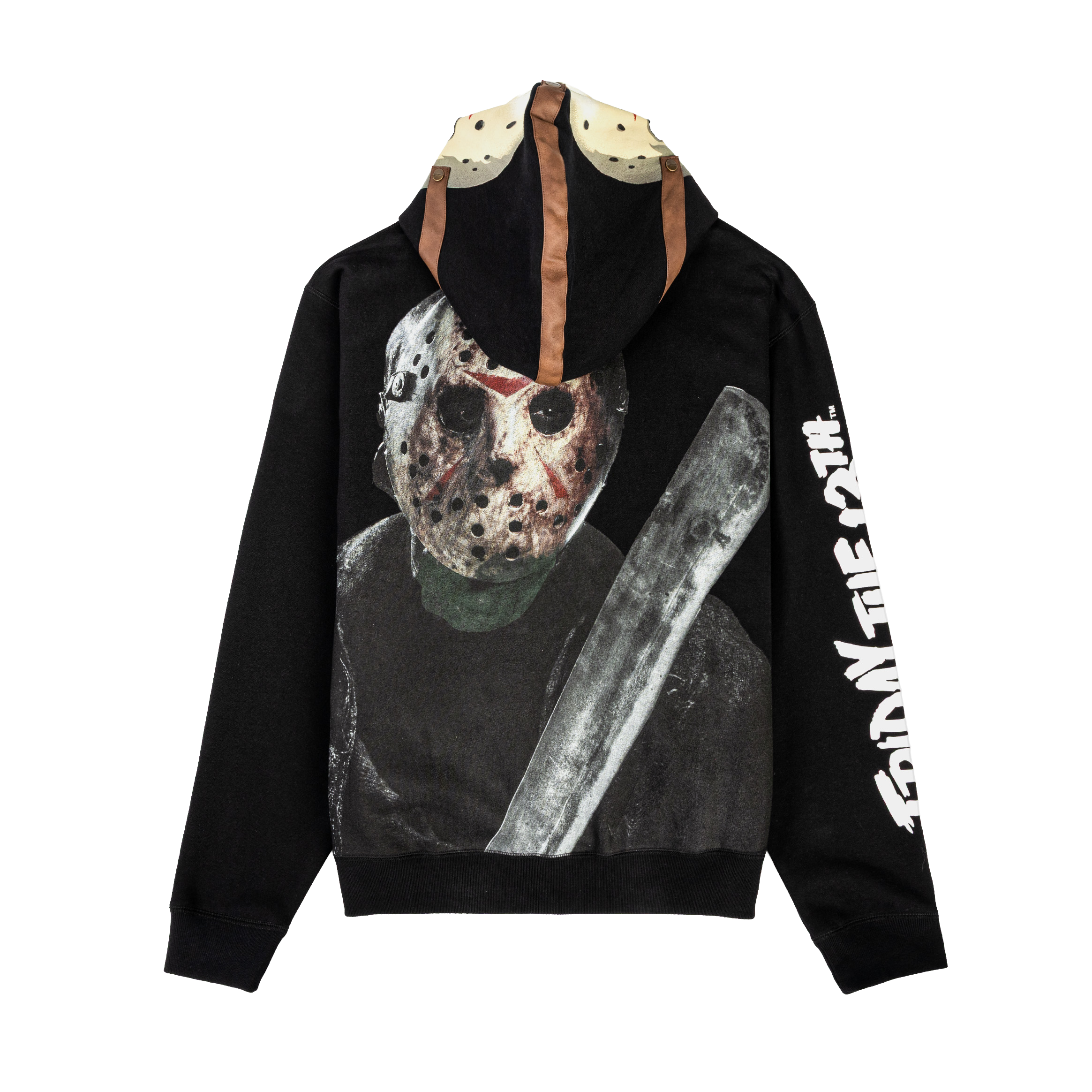 Black hoodie with Jason mask and red graphic design.