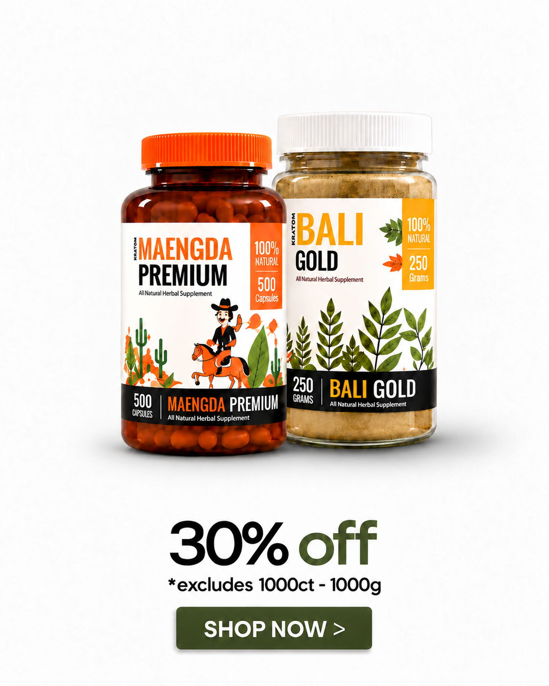 Bottles of supplements with a 30% off promotion.