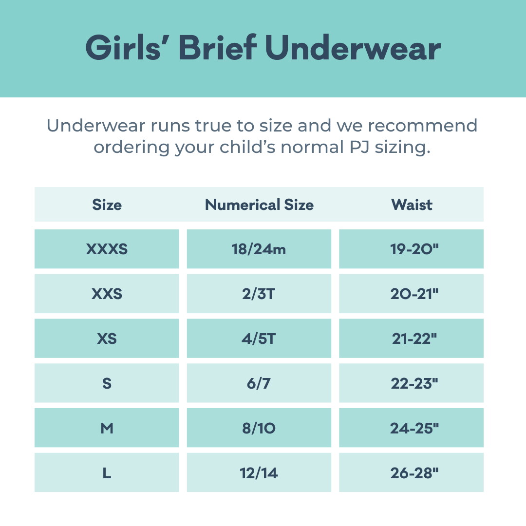 Girl's Brief Underwear Size Chart: underwear size xxxs 19-20in waist and 18/24m size; underwear size xxs 20-21in waist and 2/3T size; underwear size xs 21-22in and size 4/5T; underwear size s 22-23in waist and size 6/7m; underwear size m 24-25in size 8/10; underwear size L 26-28in size 12/14