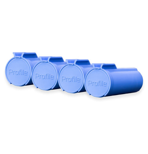 Four blue cylindrical containers labeled 