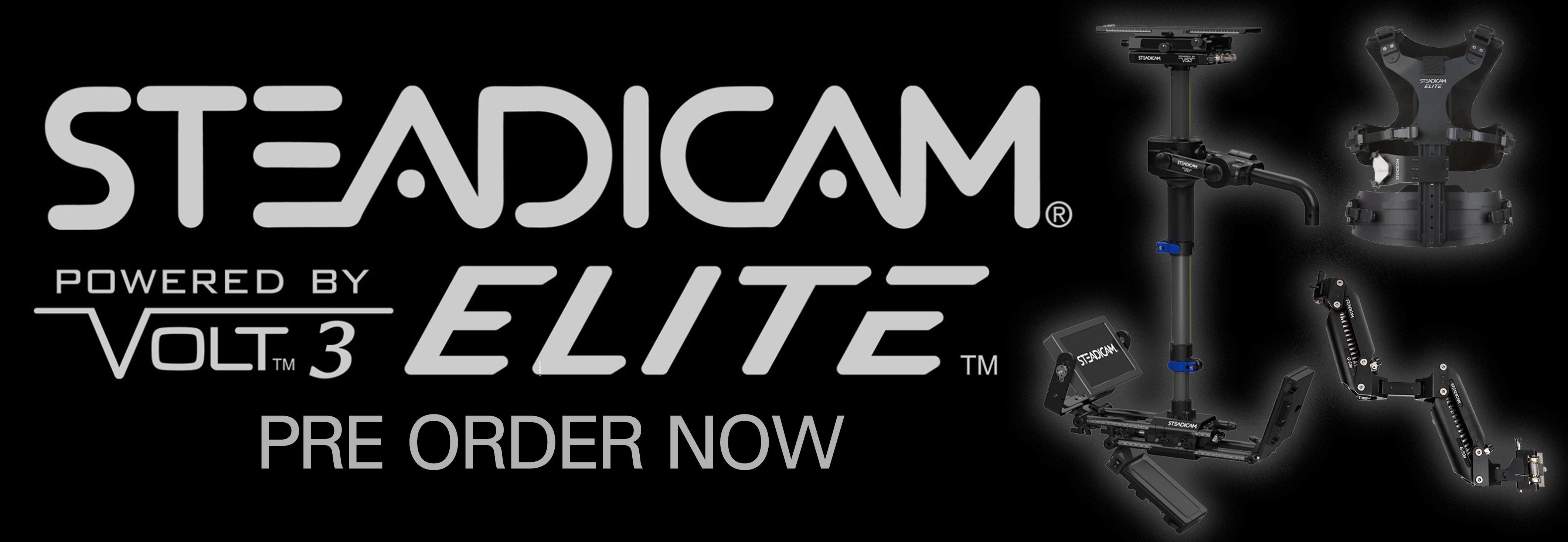 Steadicam Elite advertisement with pre-order information.