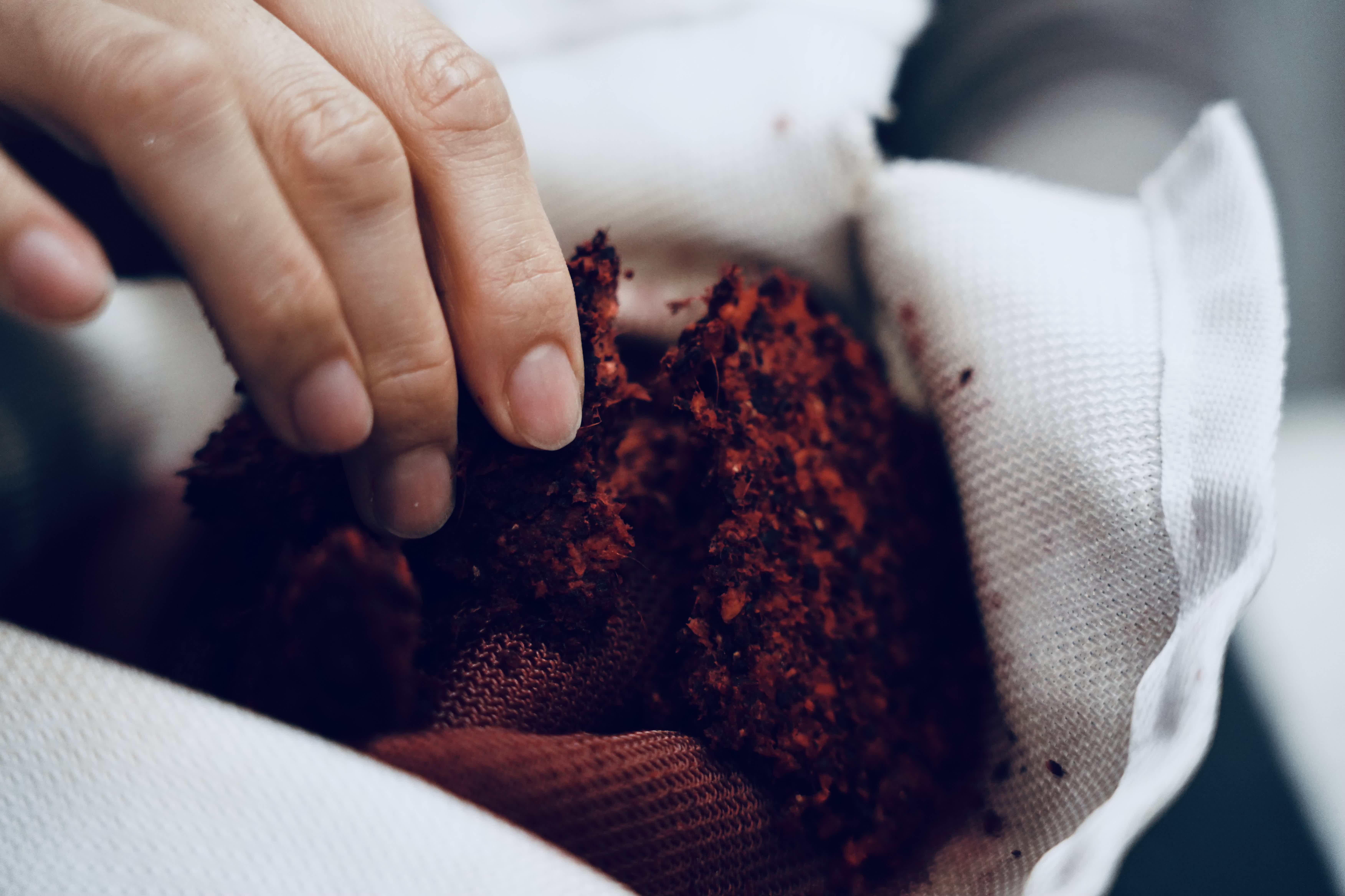 A hand holding red powder in a white cloth.