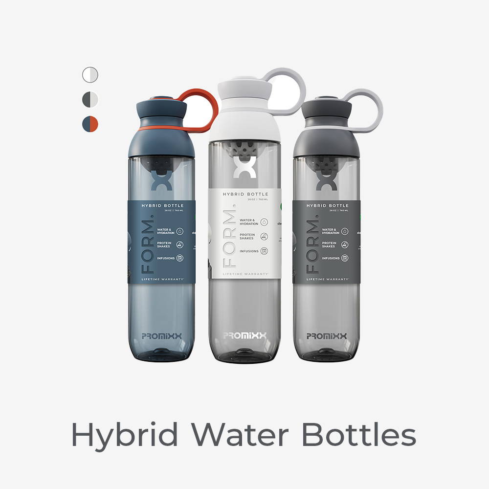 Hybrid Water Bottles. Image of a collection of three FORM hybrid water bottles in midnight blue, ceramic white, and graphite gray