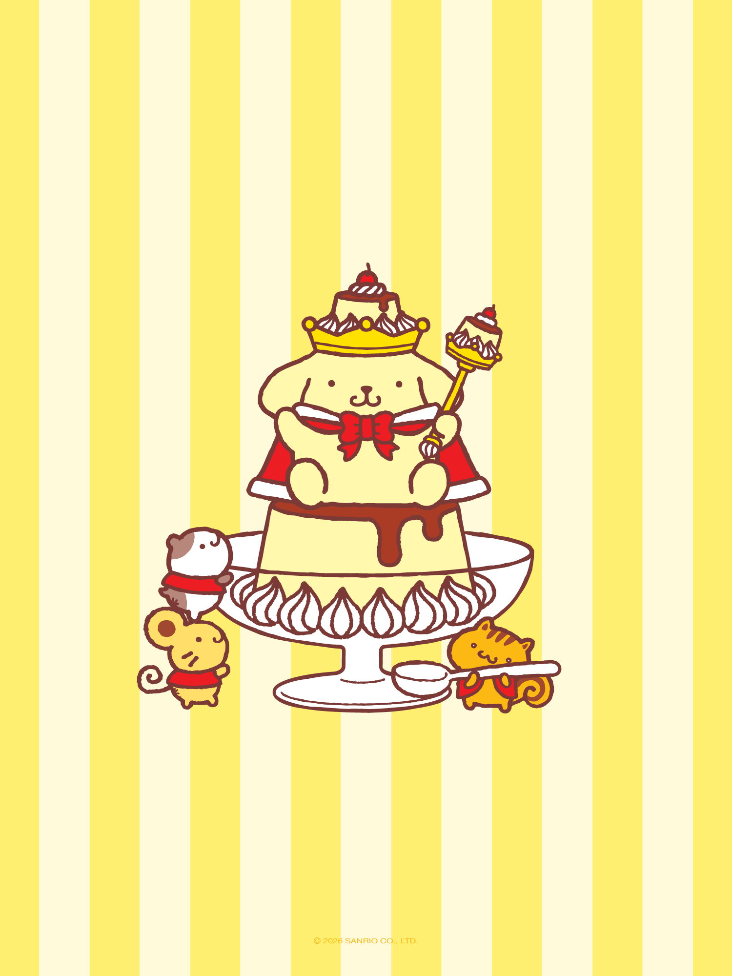 Pompompurin with a cake, surrounded by small animal characters.