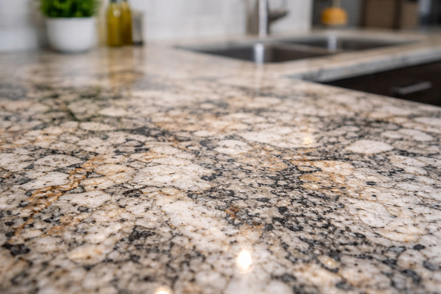 Close-up of a granite countertop with varied textures and colors.