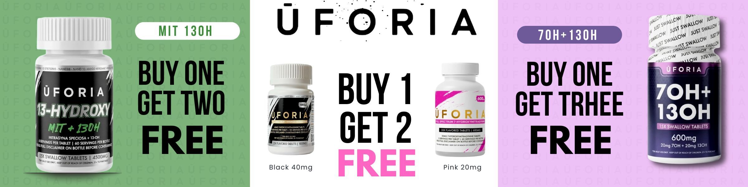 Promotional image for UFORIA products with various buy-one-get-free offers.