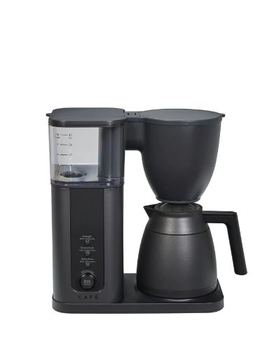 Black coffee maker with a glass carafe and control panel.