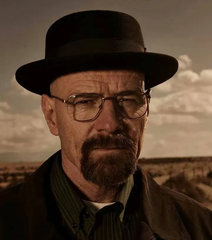 Actor Brian Cranston wearing rectangle metal frames in Breaking Bad with a brown hat, shirt and coat