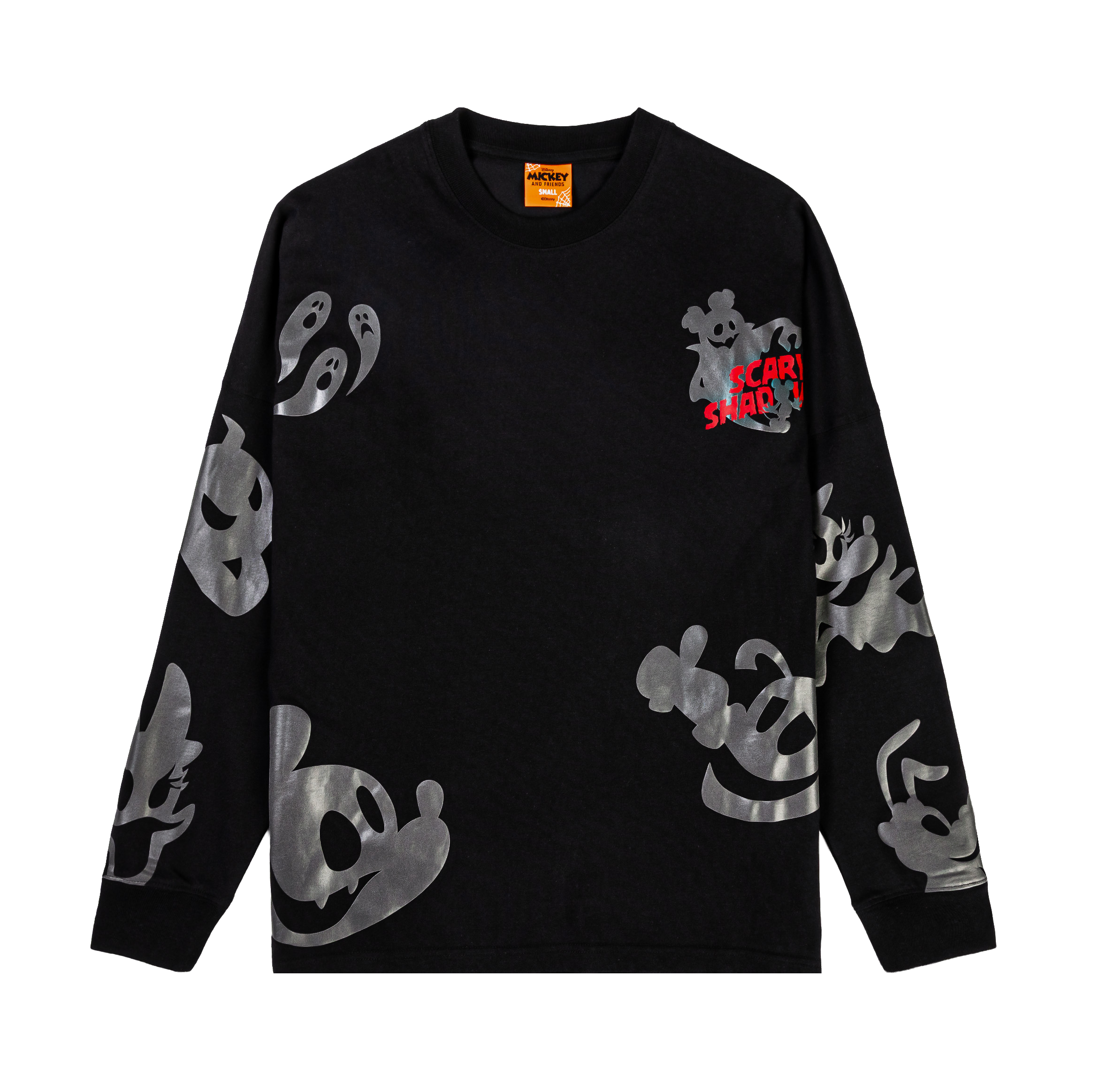 Black long-sleeve shirt featuring silver Mickey Mouse graphics and a red logo.