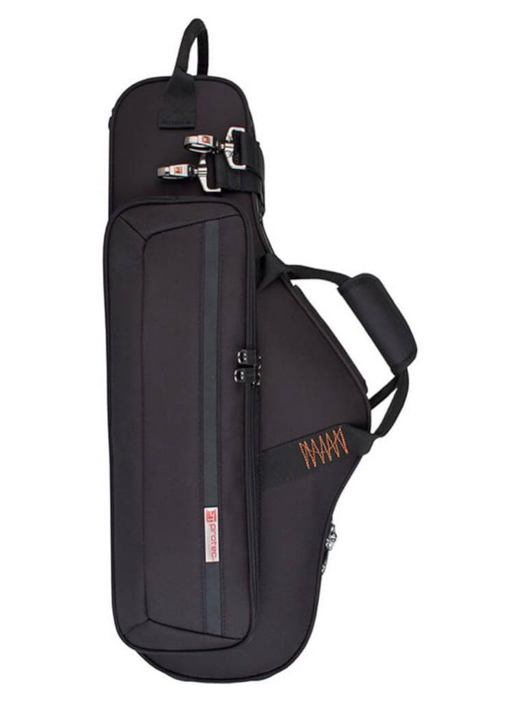 Eine schwarze Gitarrentasche mit Schultergurt und Reißverschlussfächer.