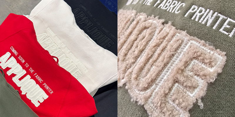 Hoodies featuring large appliqué lettering stitched onto the fabric showing layered material panels with visible stitch borders and textured finish