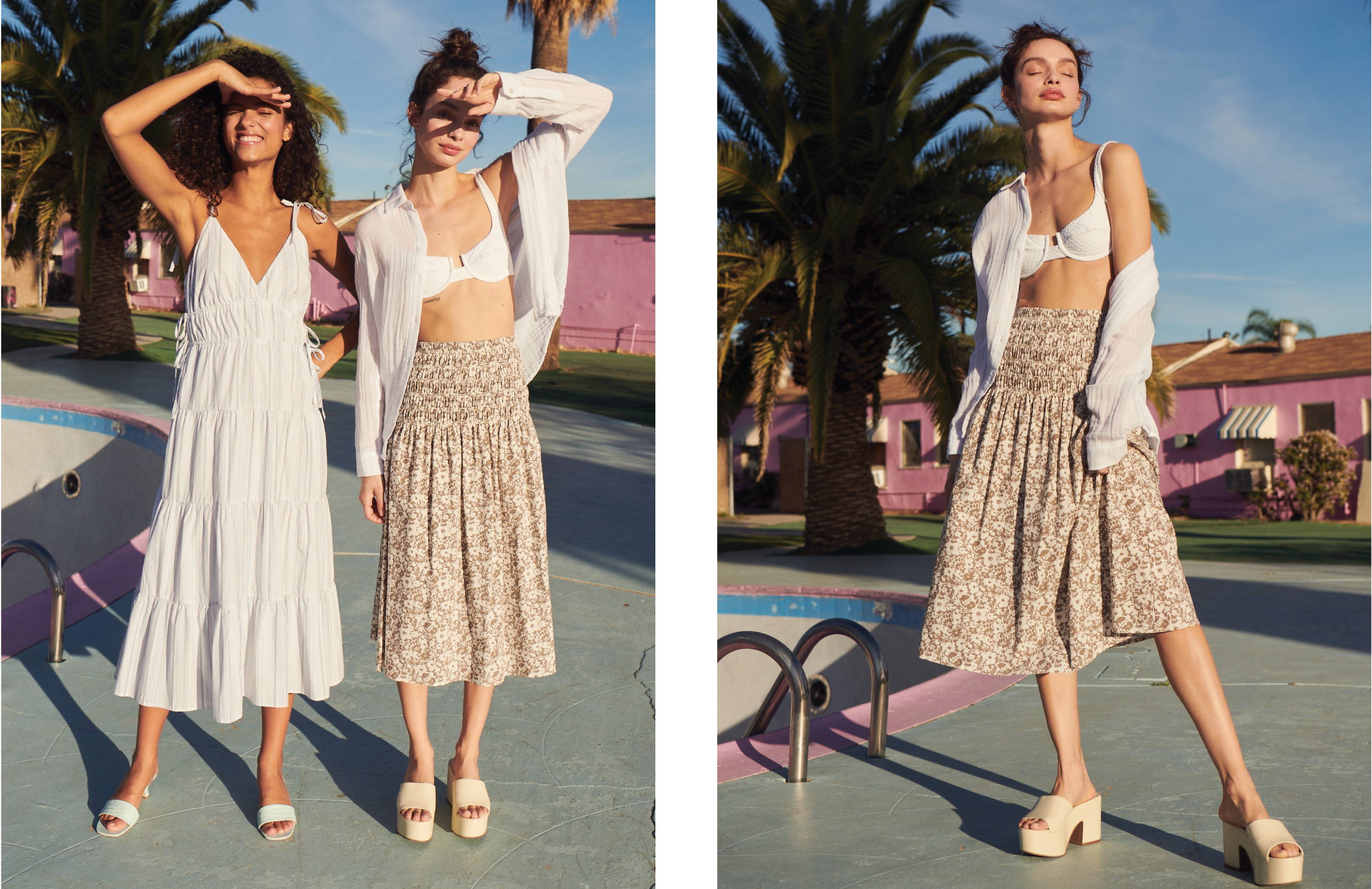2 models next to pool wearing Julia Westport Stripe Dress, Ellis White Shirt and Selena Cafe Floral Skirt - image 2
