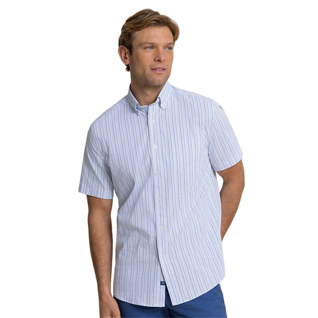 Man wearing a short-sleeve, striped button-up shirt.