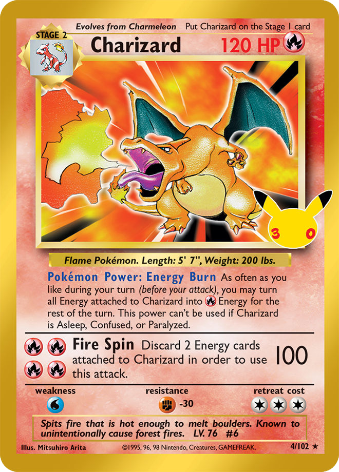 The Base Set Charizard Pokémon card which was reprinted in the 30th Celebration Classic Collection.