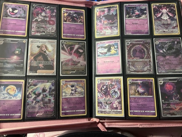 A Pokémon card binder spread featuring a dedicated purple-themed page of Psychic Pokémon including Gastly, Gengar, and Haunter, alongside a Cynthia's Ambition full-art Trainer card.