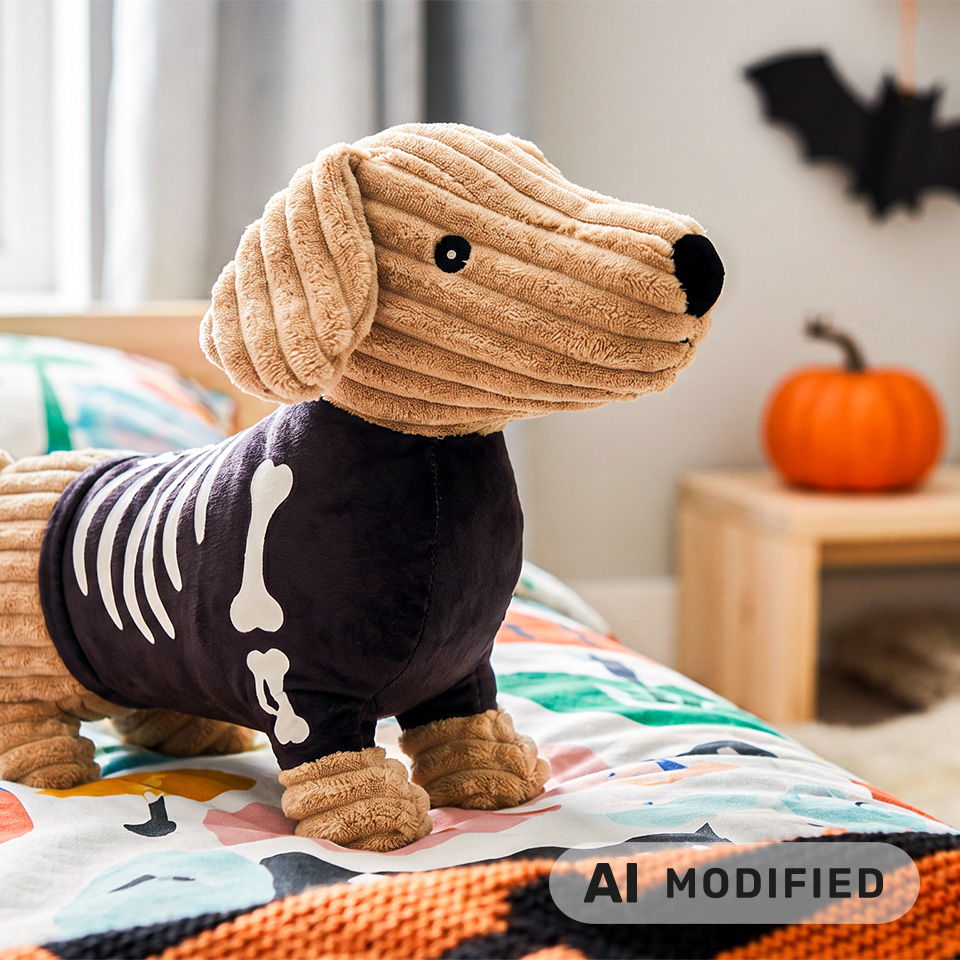Une peluche de chien portant un costume de squelette sur une couverture colorée.