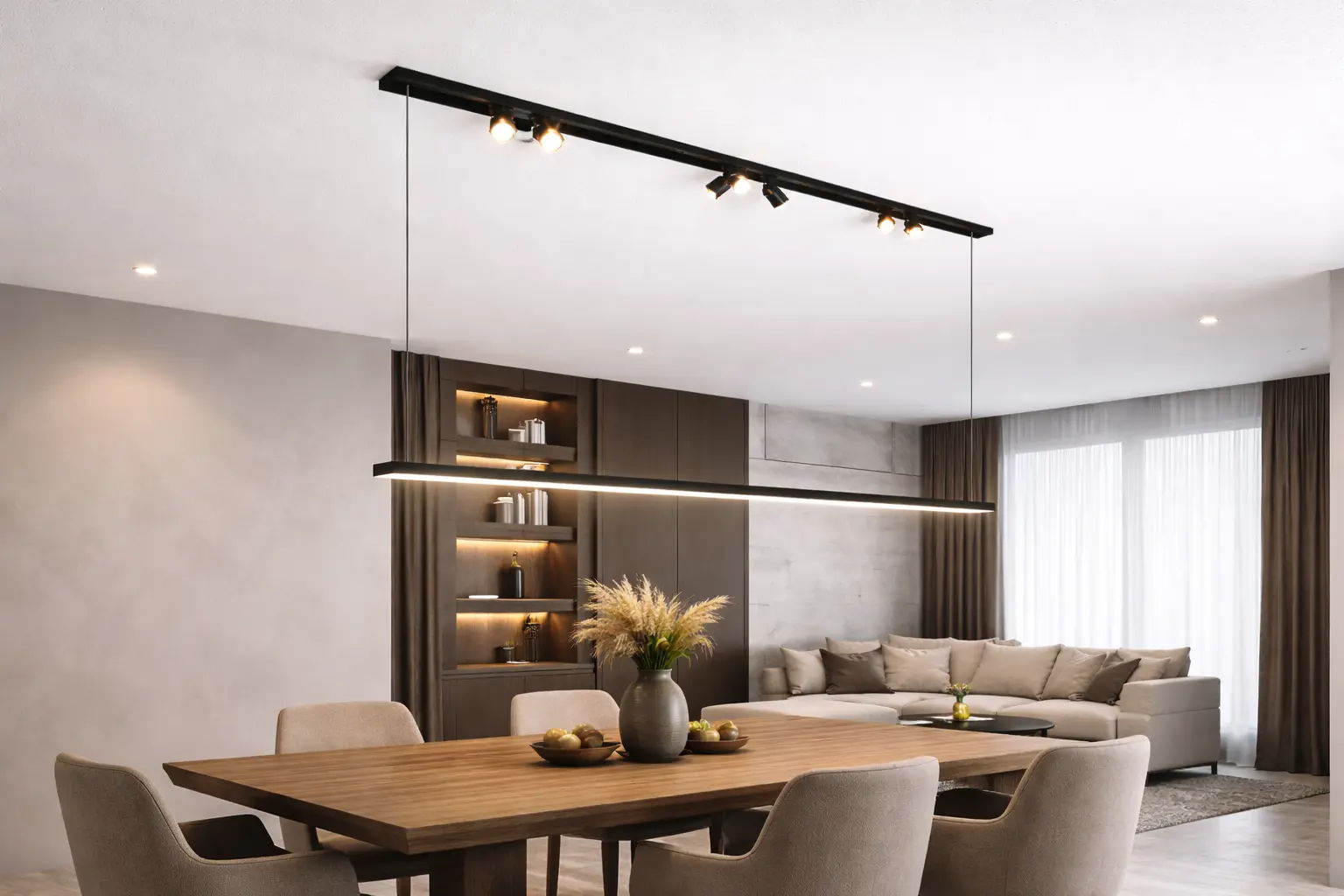 Sistema magnetico 48V a sospensione con binario LED nero installato sopra un tavolo da pranzo in ambiente moderno