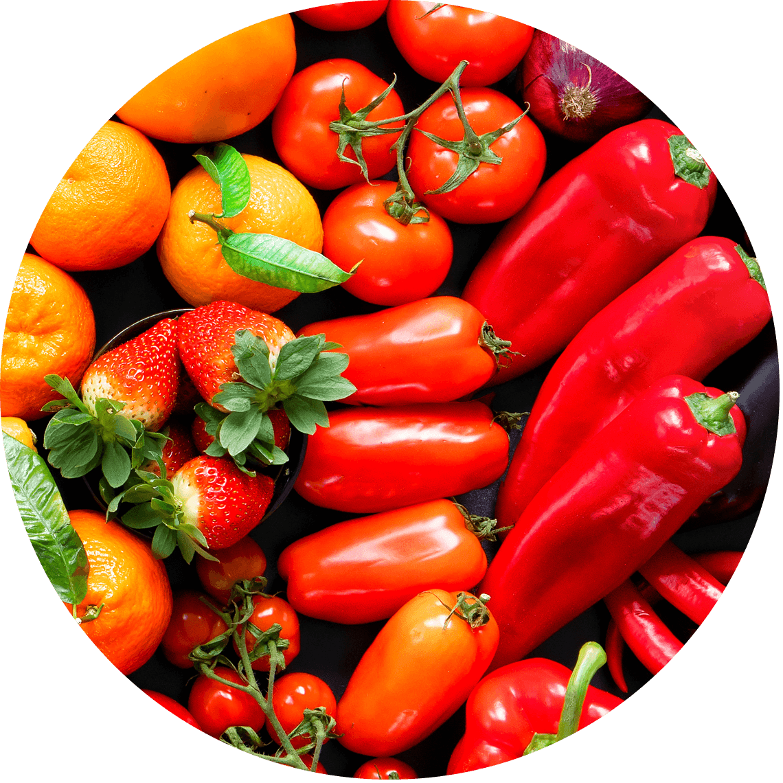 red fresh fruits and vegetables, including tomatoes, peppers, and strawberries.
