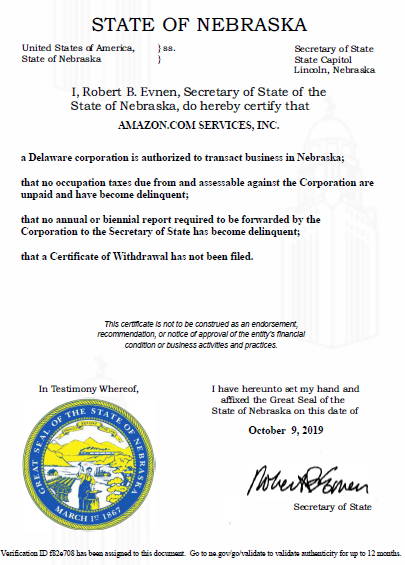 nebraska certificate of good standing