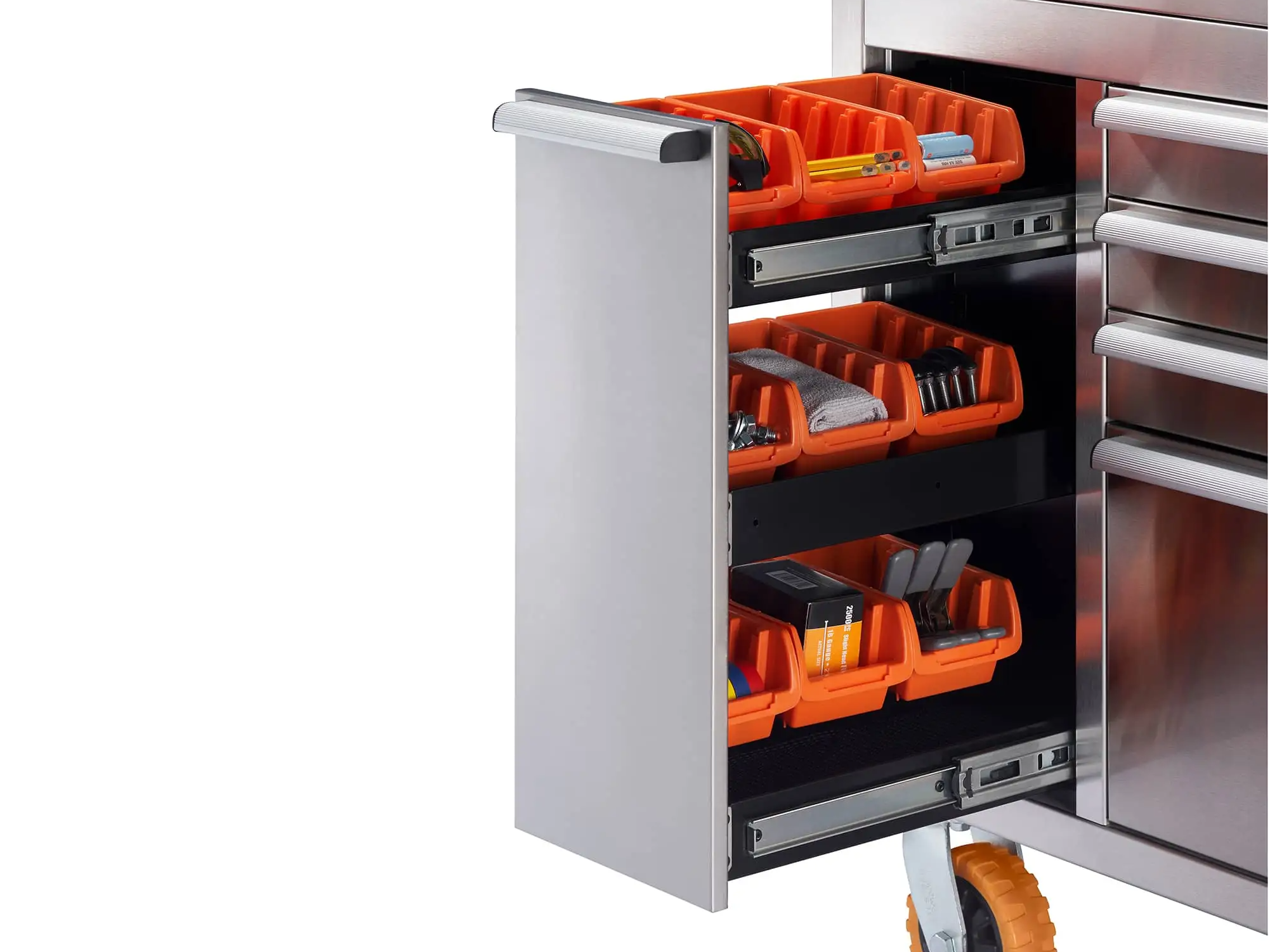 full height drawer, open, filled with 9 small orange bins
