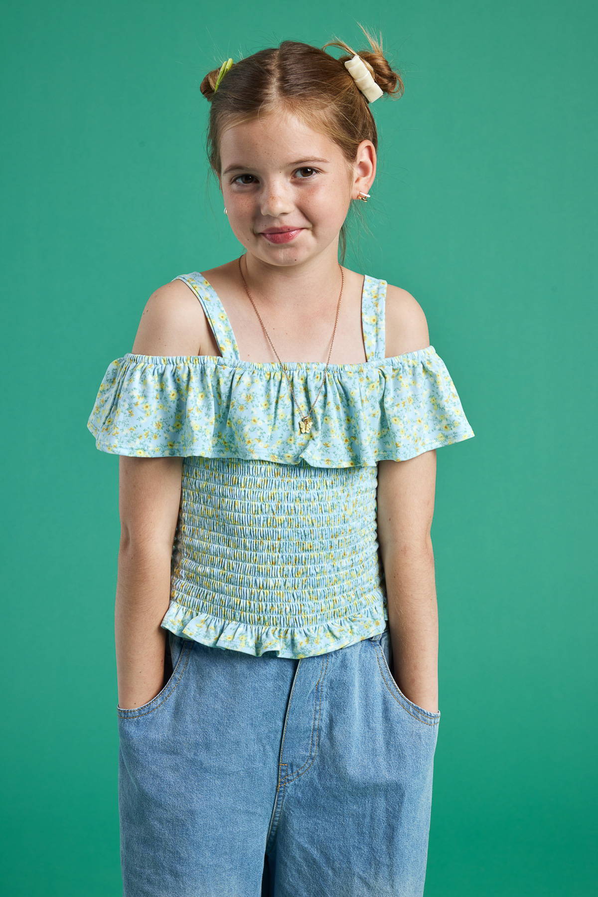 Trixxi girl kids teal floral ruffle off the shoulder top.