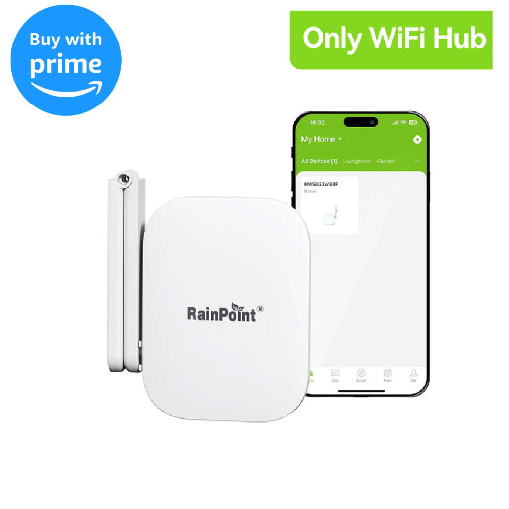 RainPoint WiFi-Hub mit Smartphone-Oberfläche und Prime-Logo.