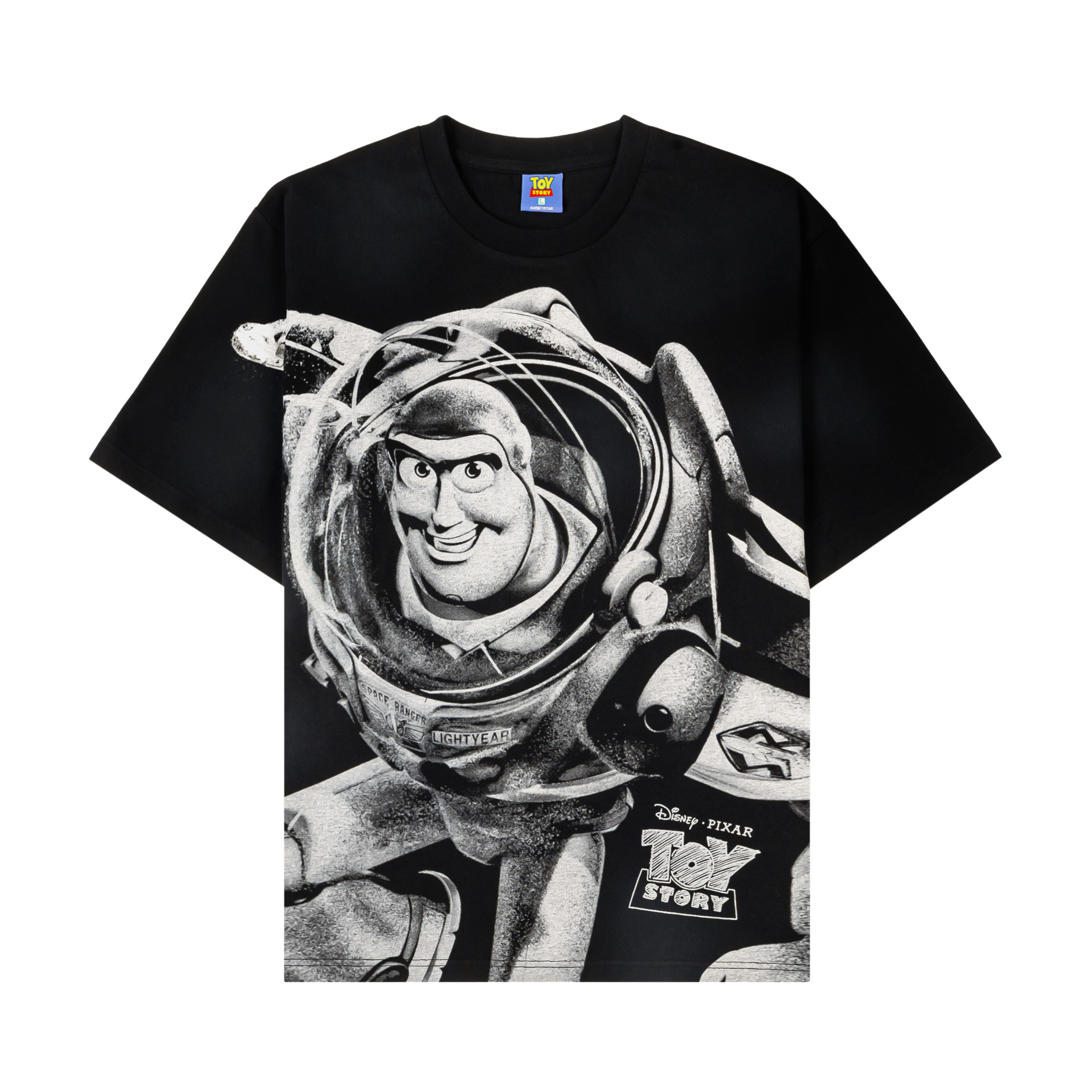 Black t-shirt featuring a graphic of Buzz Lightyear from Toy Story.