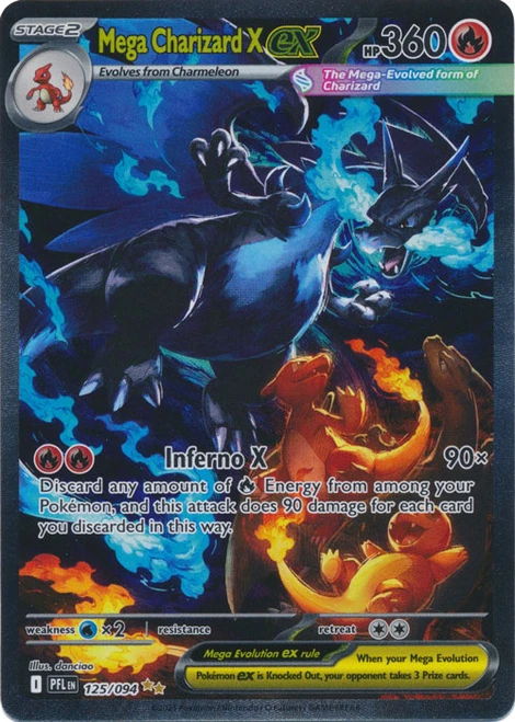 Mega Charizard X card featuring fiery attacks and high damage stats.