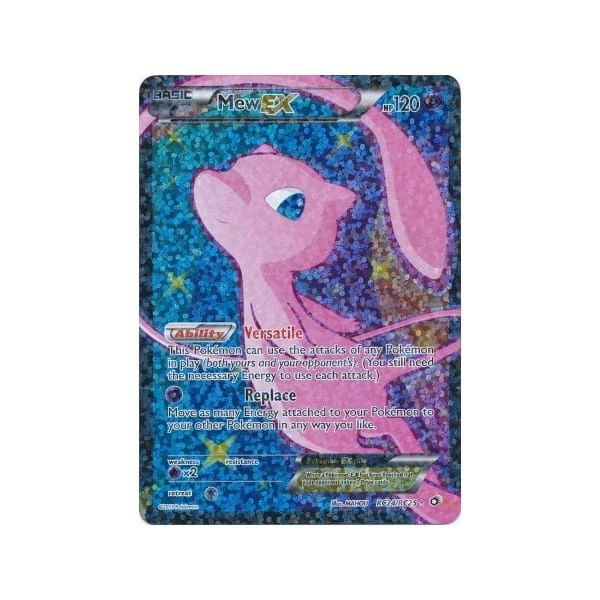 Pink Pokémon card featuring Mew against a colorful holographic background.
