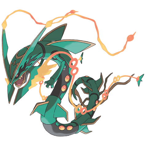 Mega Rayquaza - every card, set and rarity - A dragon-like creature with teal and orange accents, featuring elongated fins and tails.