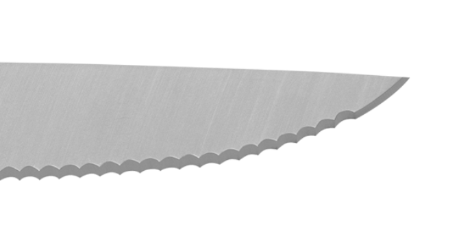 A close view of a Misen Steak Knife’s tip and serrated edge, ideal for slicing through food without tearing.