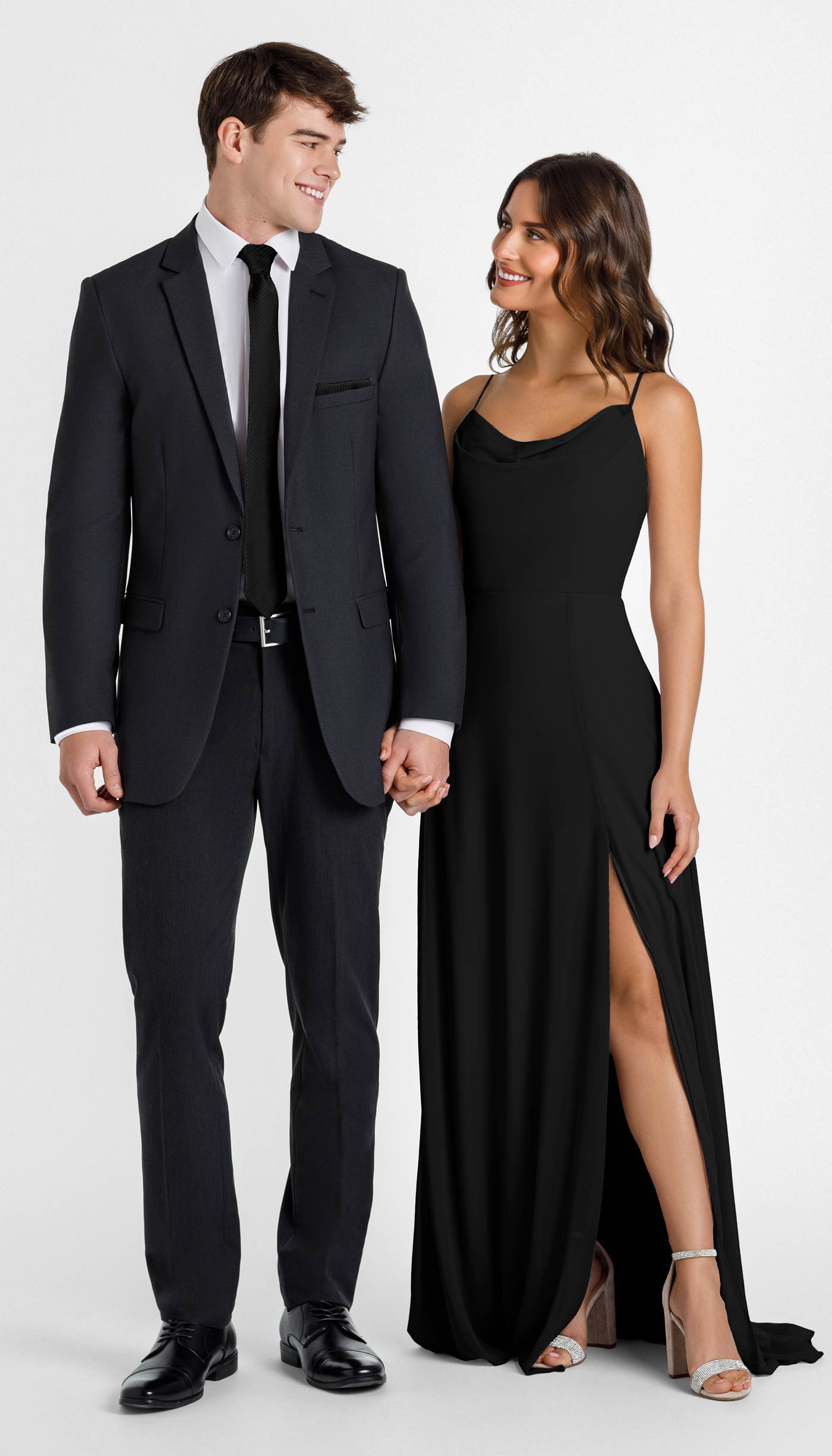 Charcoal suit with black bridesmaid dress 