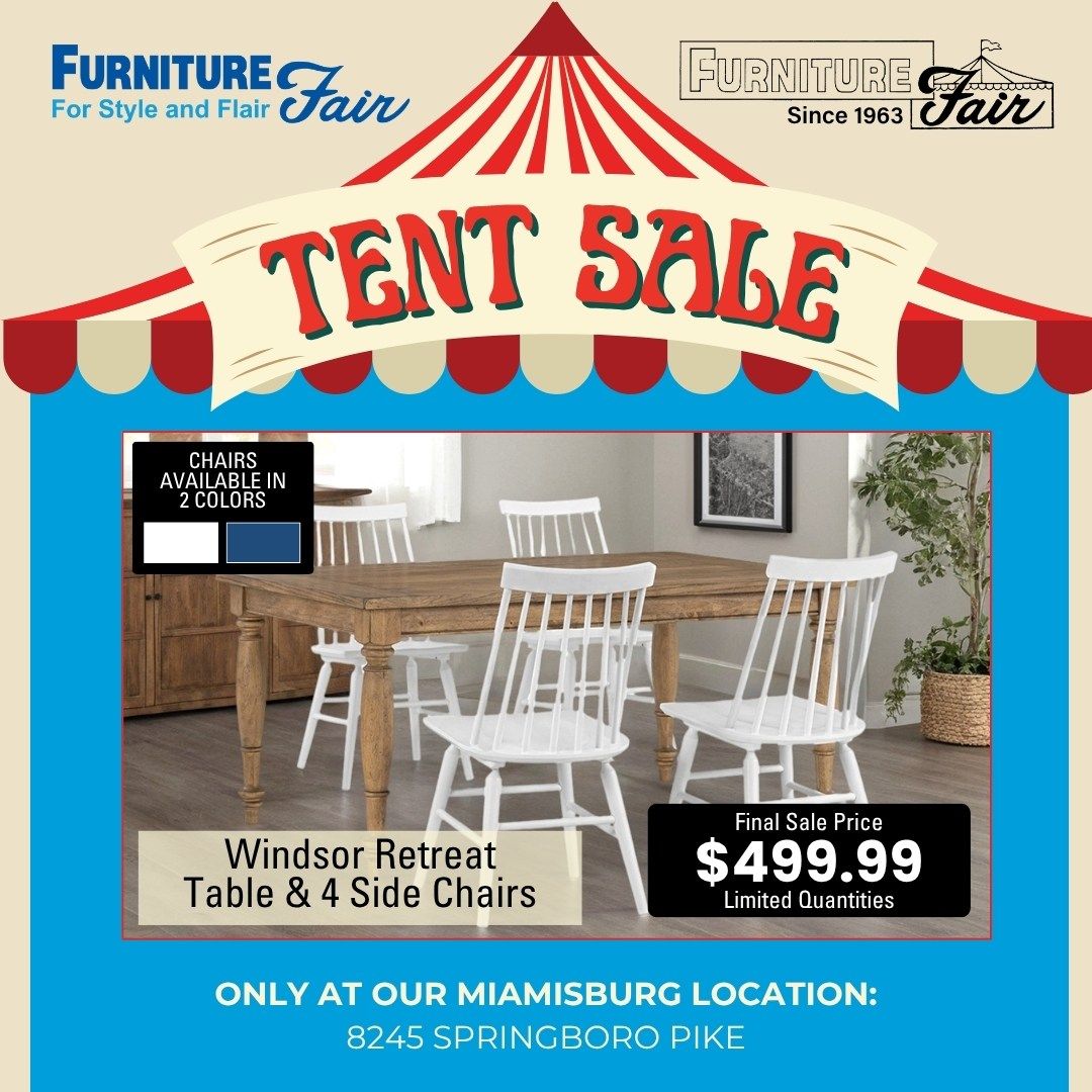 Tent sale advertisement featuring Windsor Retreat table and chairs for $499.99.