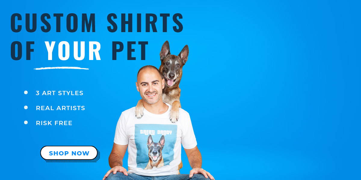 man sitting with dog on shoulder in custom pop art tee