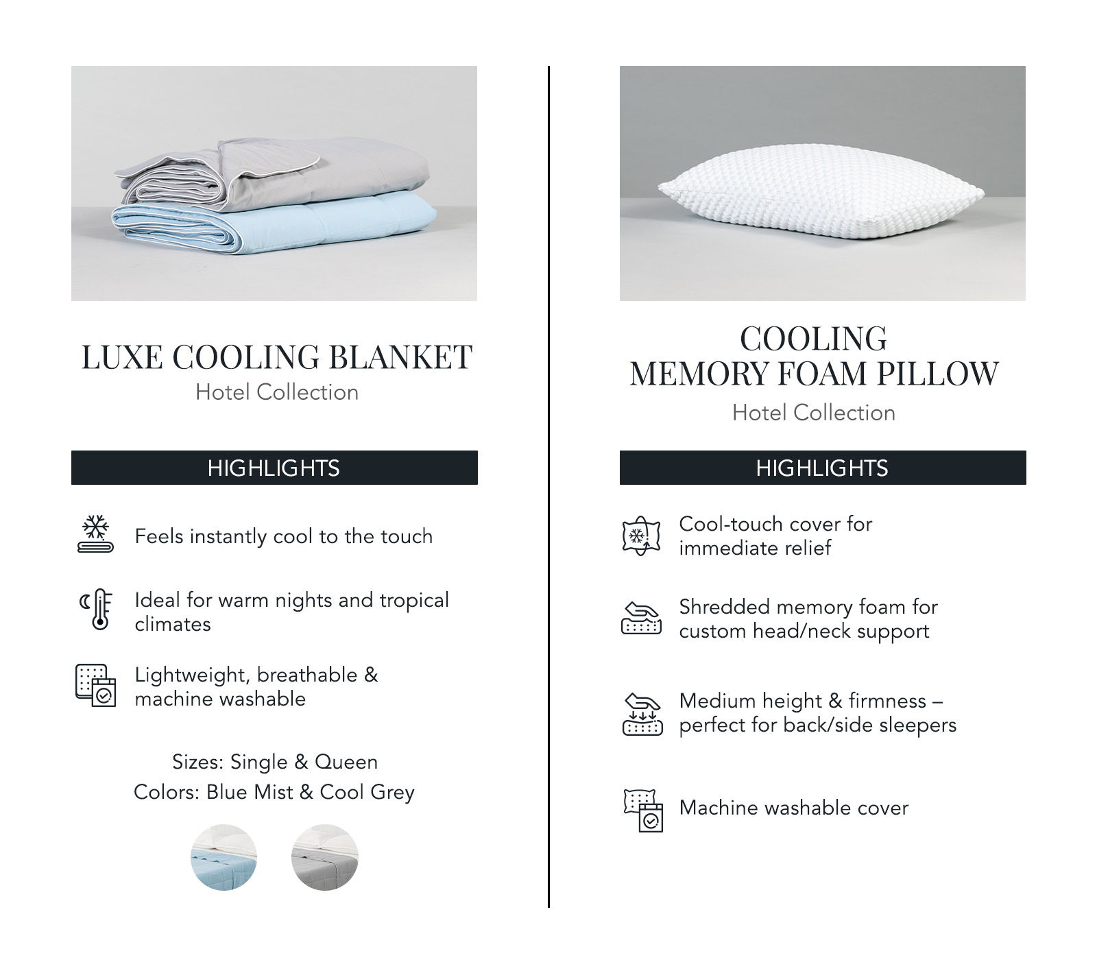 Product information for a cooling blanket and memory foam pillow.