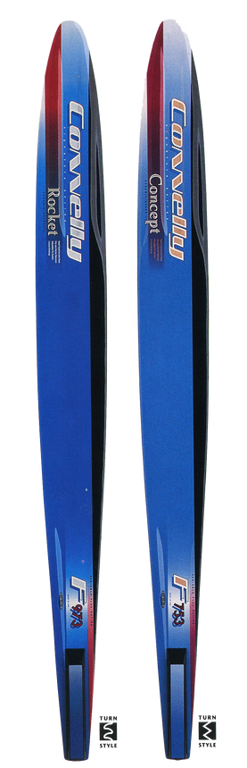 Top view of Connelly Rocket and Concept skis, featuring a blue gradient design with red accents and bold lettering.