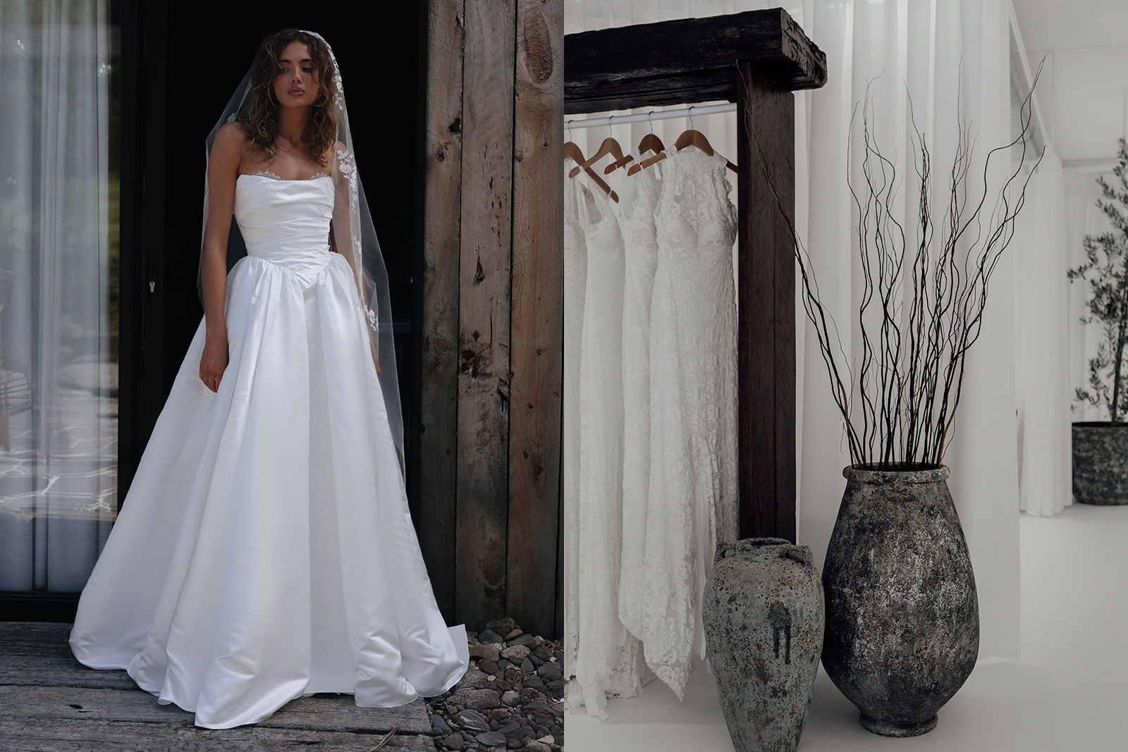 Bride in white dress next to decorative vases and curtains.
