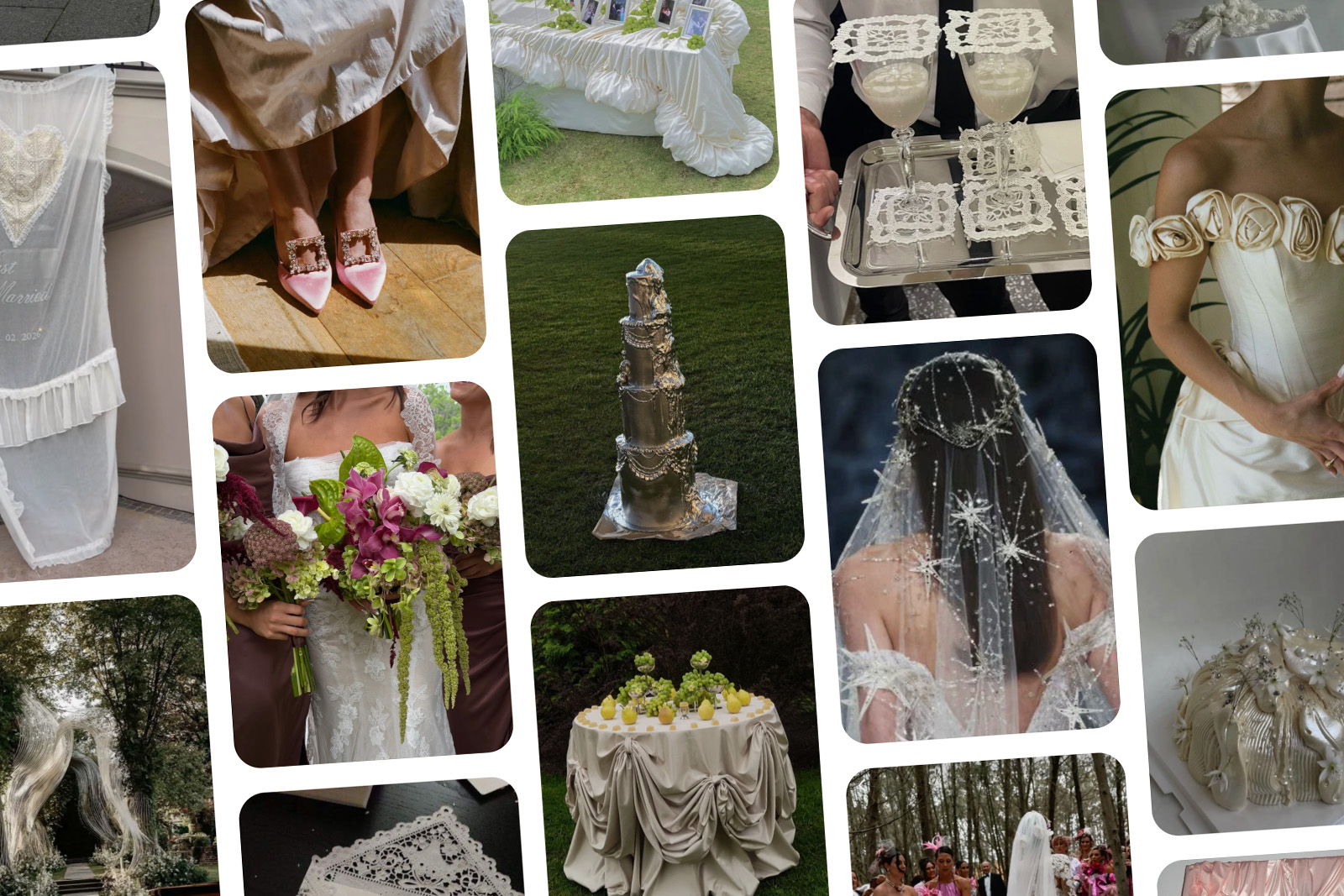 A collage of wedding-related items and attire, including dresses, decorations, and accessories.