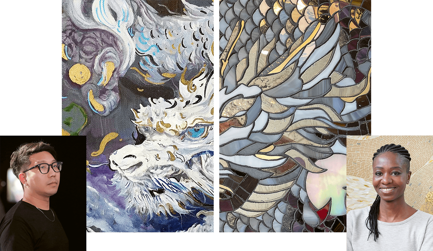 Left: Chinese artist Zhang Zhaoying and his oil painting for the Year of the Dragon Masterpiece Humidor and Right: French mosaicist Sika Viagbo with her mosaic , based on Zhang's oil painting.