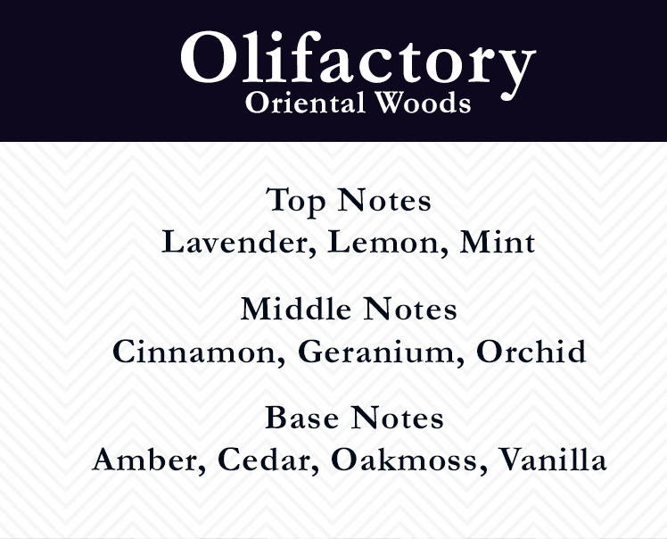 Top Notes: Lavender, Lemon Mint. Middle Notes: Cinnamon, Geranium, Orchid. Base Notes: Amber, Cedar, Oakmoss, Vanilla.