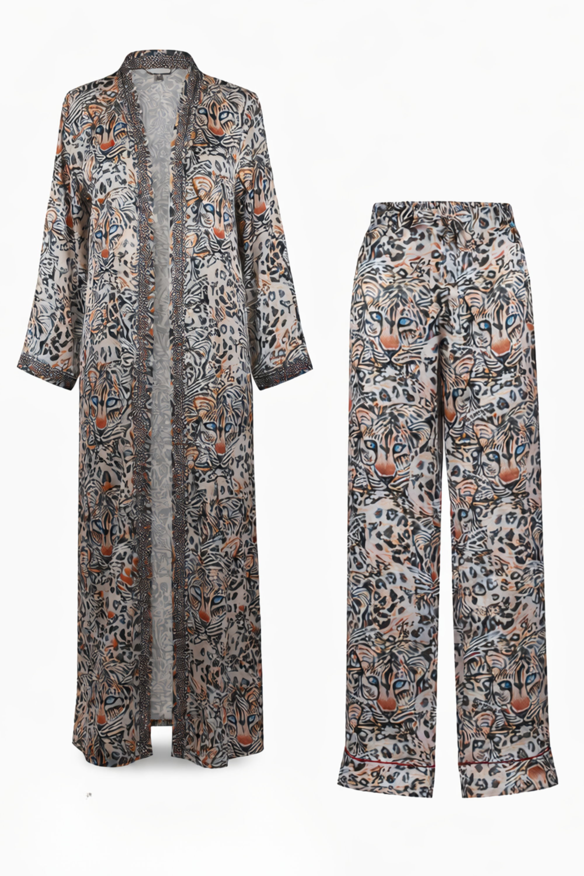 Patterned robe and matching pants displayed together.