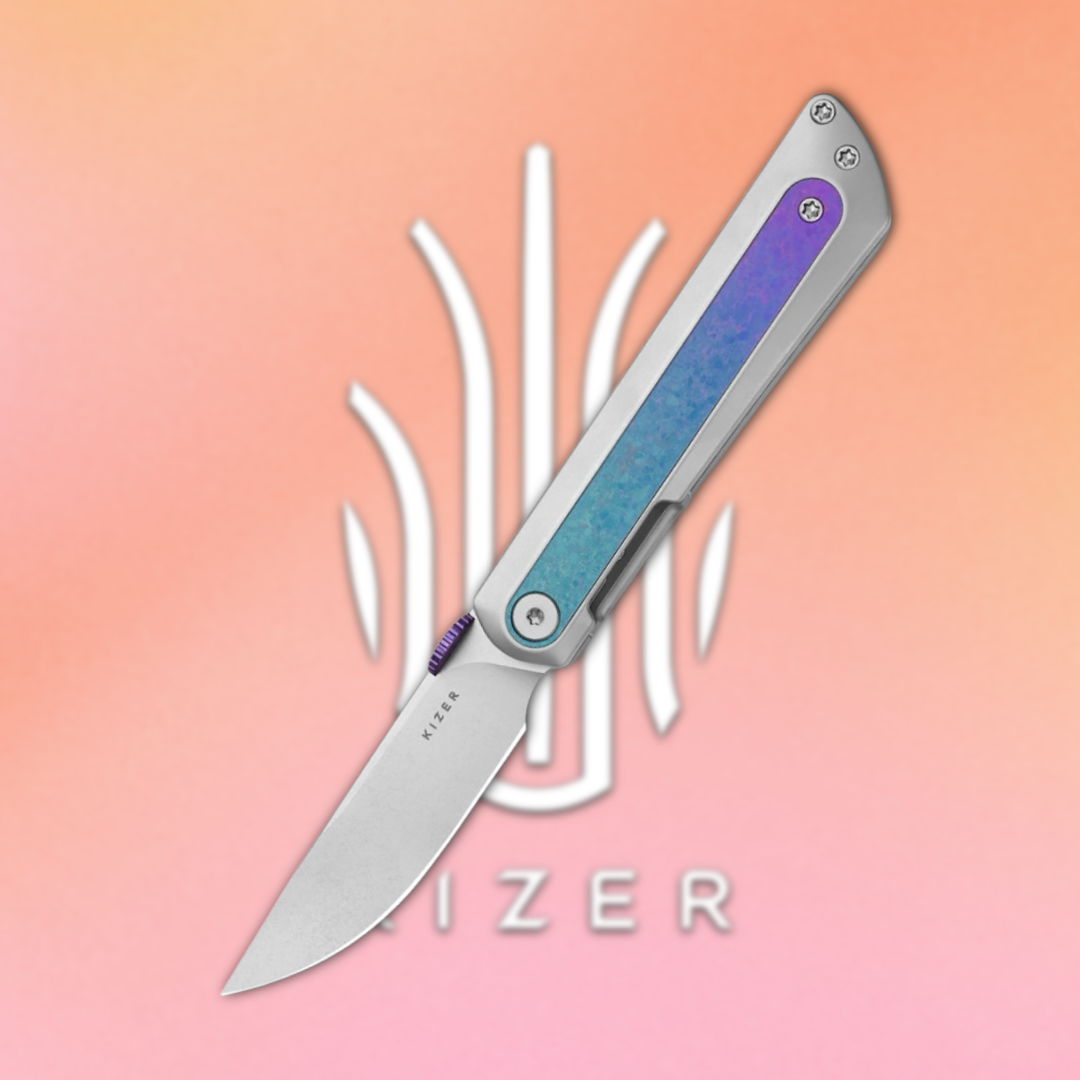 A folding knife with a colorful handle against a gradient background.