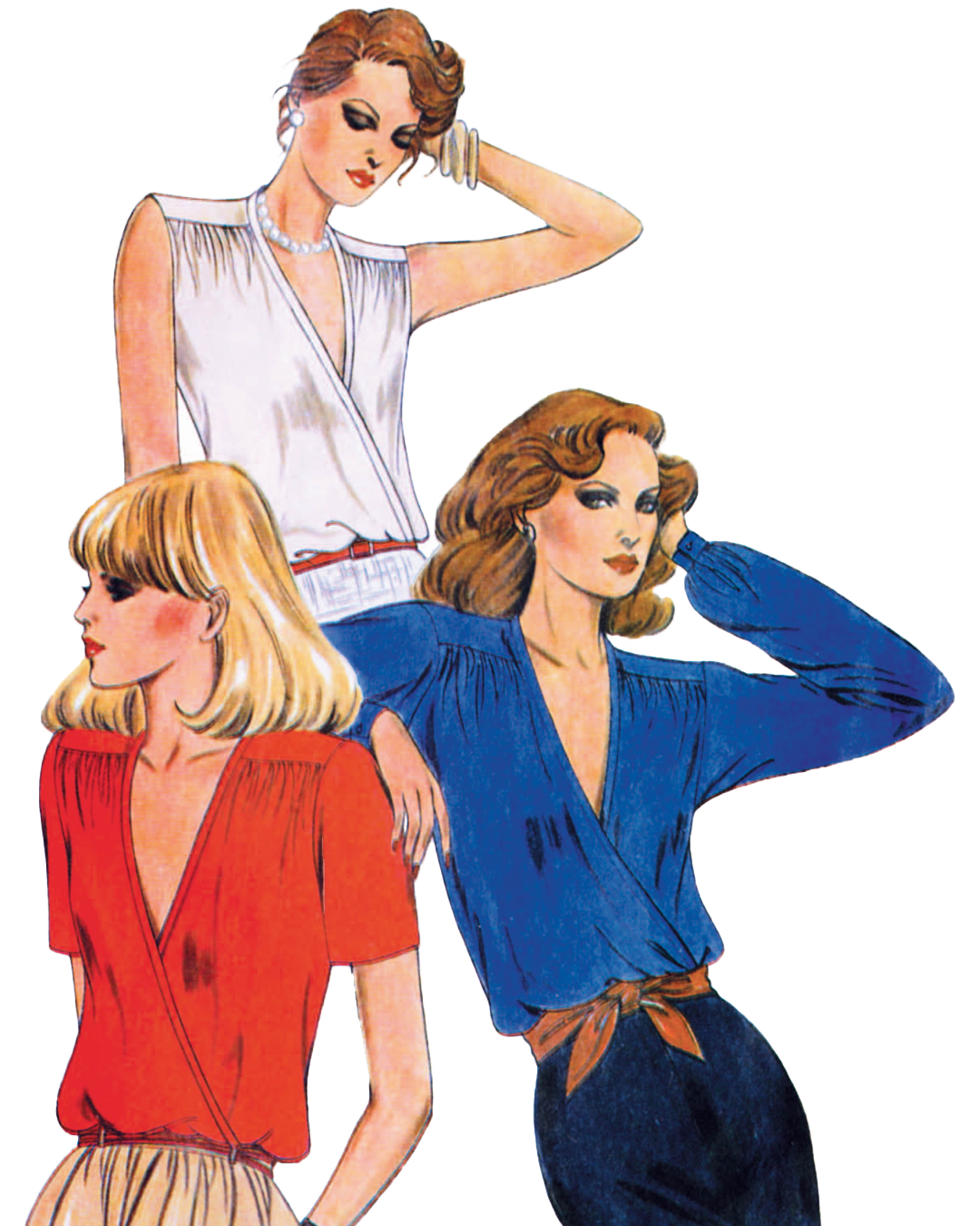 Three women modeling fashionable tops in various colors and styles.