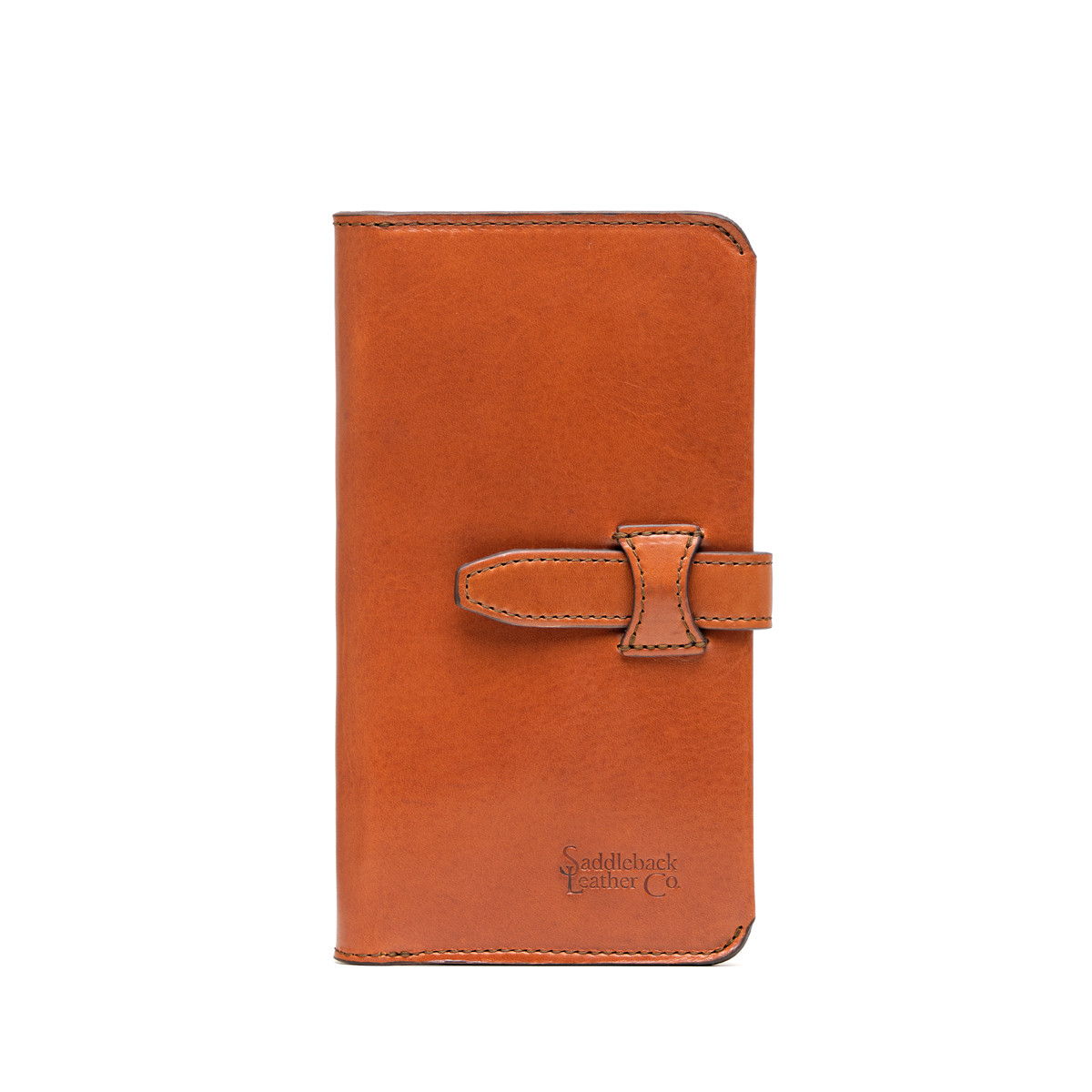 Brown leather wallet with a strap closure.