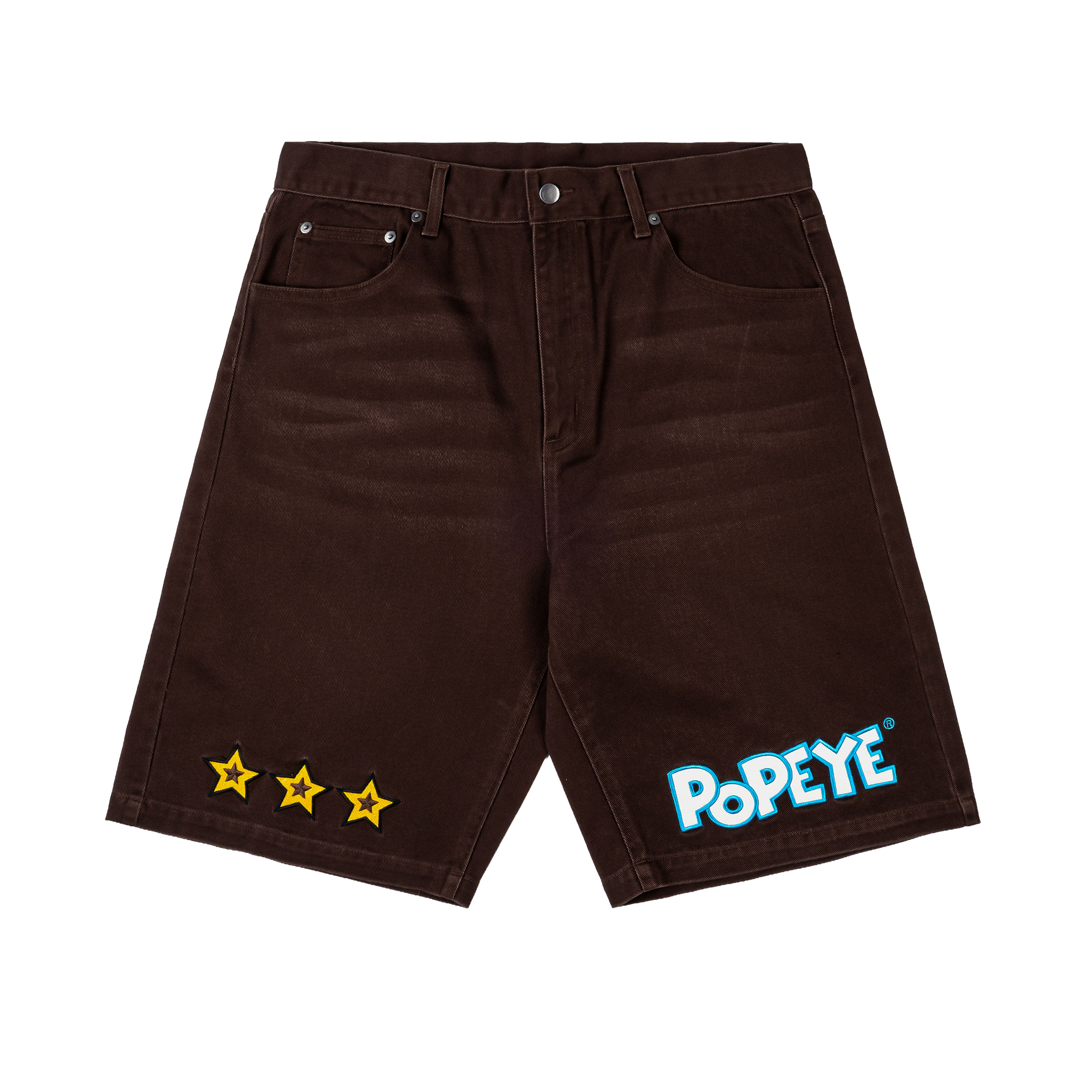 Brown shorts with Popeye logo and star designs on the side.